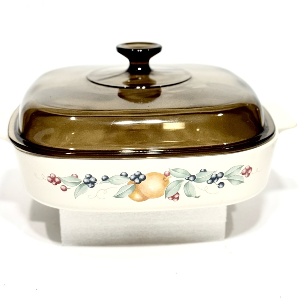 Vtg Corningware 2 Handles Abundance 2.5L Casserole Baking Dish w/Amber Pyrex Lid